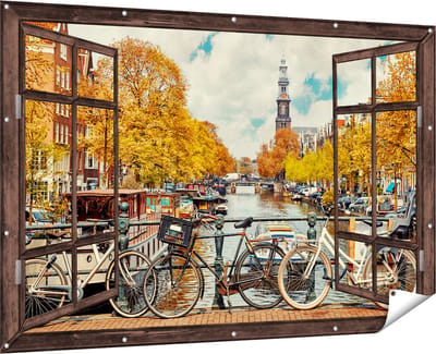 Gards Tuinposter Doorkijk Amsterdamse Brug bij een Brug met Fietsen - 180x120 cm - Tuindoek - Tuindecoratie - Wanddecoratie buiten - Tuinschilderij