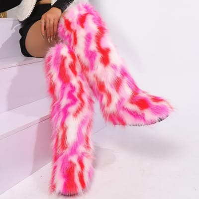 Dames Knielange Fuzzy Faux Fur Laarzen - Zacht, Warm en Comfortabel Instapmodel met Platte Hak Dames Pluche Warme Plateauschoenen 36 pink