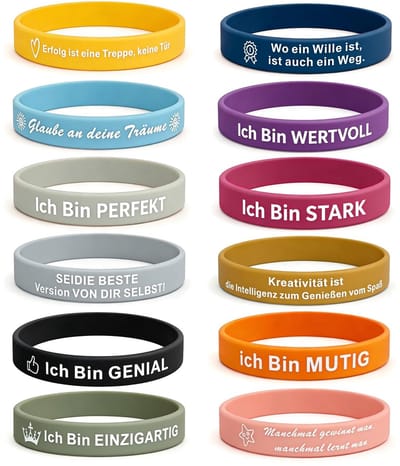 Dailygoods - motiverende armbanden Kids, siliconen armbanden met 12 inspirerende uitspraken, 48 stuks - afscheidscadeau voor kinderen, schoolkind, collega, schoolinschrijving, verjaardag