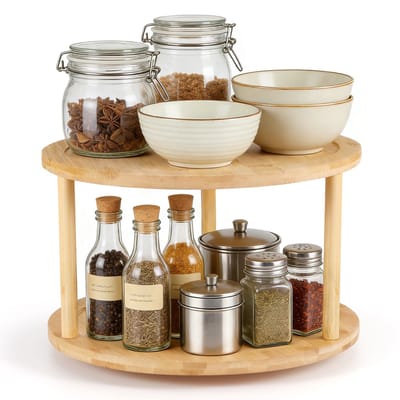 Lemlit Draaibaar Kruidenrek 2 Laags - Ronde Keuken Organizer 29,5 x 19 cm - Opbergrek voor Kruidenpotjes Kast Voorraadkast en Aanrecht - Naturel