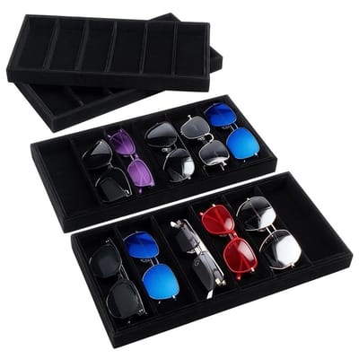 Dailygoods- Opbergdienblad Fluweel - Zwart - 6 Vakken - Brillen/Sieraden/Horloges - 38,3 x 19,3 x 3,2 cm - Perfect voor Dames - Sieradenorganizer