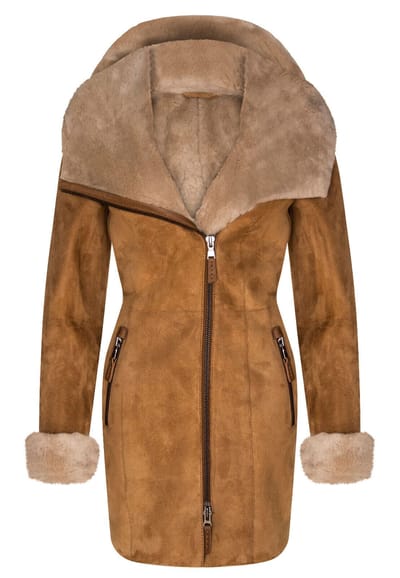 Dames merino schapenvacht jas met capuchon-antiek