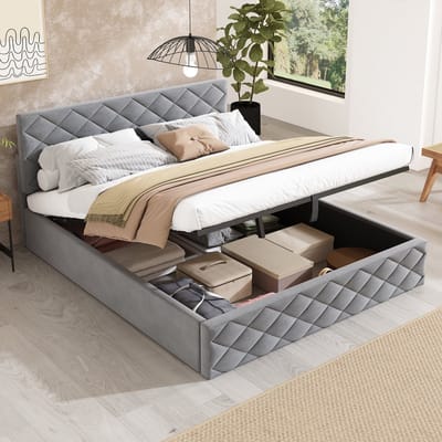 MODENUIT Gestoffeerd Bed 140x200 cm – Hydraulische Opbergruimte – Lattenbodem – Zonder matras – Fluweel – Grijs