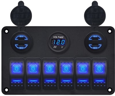 ProRide Schakelpaneel 12V voor Auto/Boot - USB C Lader 4 Poorten met Voltmeter - 30W/QC4.0 - 6 Schakelaars