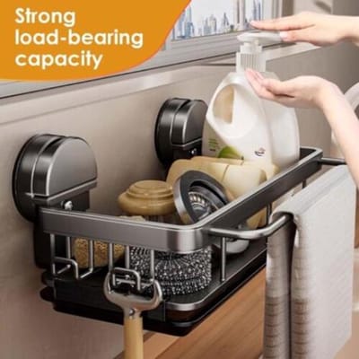 Opbergrek - Stellingkast - Opbergrek keuken - Keuken organizers - Kruidenrek - Keukenrek - Multifunctioneel opbergrek - Met zuignap - Met lekbak - Zonder Boren - voor badkamer & aanrecht en wasruimte - zwart