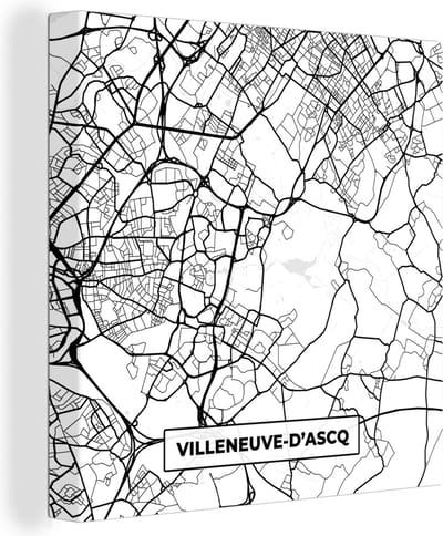 Canvas Schilderij Plattegrond - Kaart - Frankrijk - Stadskaart - Villeneuve-D'Ascq - Zwart wit - 20x20 cm - Wanddecoratie
