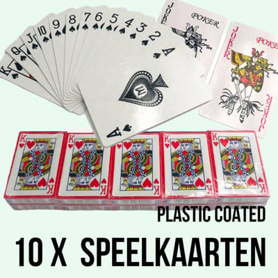 Partij 10 x Speelkaarten Waterdicht Plastic Gecoat 54 st Pokerkaarten - ideaal voor camping - standaardmaat 56 x 86 mm