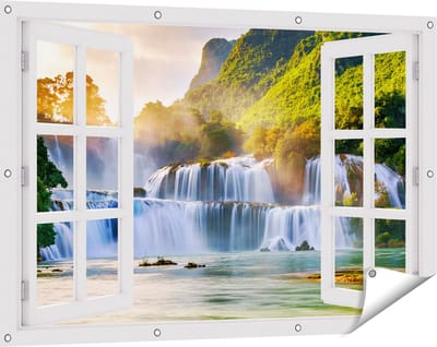 Gards Tuinposter Doorkijk Watervallen tussen de Bomen - 120x80 cm - Tuindoek - Tuindecoratie - Wanddecoratie buiten - Tuinschilderij