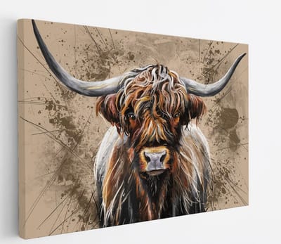 Saammp Canvas Schilderij - Schotse Hooglander Koe - Portret - Landschap - Dieren - Natuur - 45x30 - Foto op canvas - Wanddecoratie - muurdecoratie Woonkamer - Slaapkamer decoratie - Canvas Print