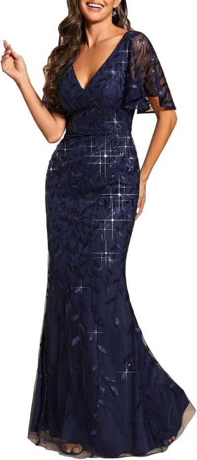 DIEPE V-HALS AVOONDJURK MET GLITTER SEQUIN TULLE LANGE MIDDEN