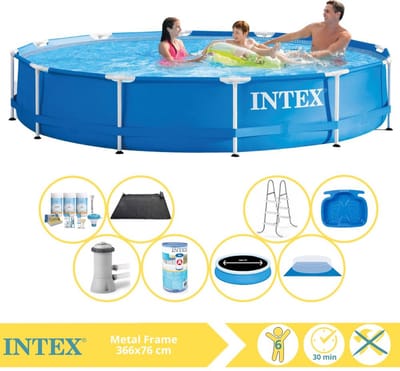 Intex Rond Frame Zwembad - 366 x 76 cm - Blauw - Inclusief Solarzeil - Onderhoudspakket - Zwembadfilterpomp - Filter - Grondzeil - Solar Mat - Ladder - Voetenbad - 9-delig