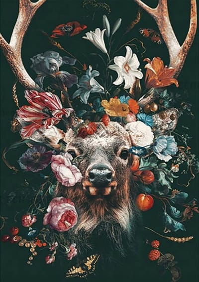 Merkloos - Diamond Painting 30x40 - Zelfmaken - Decoratie - Dieren - Hert met Bloemen - 5D Set