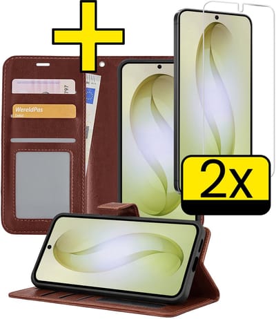 Hoesje - Met 2x Screenprotector - Geschikt voor Samsung Galaxy S26 - Luxe Pasjeshouder - Bookcase Portemonee - Flip Case - Kunstleer Book Case - Flipcase Hoes - Book Cover - Walletcase - Portemonneehoes - Telefoonhoesjes - Bruin