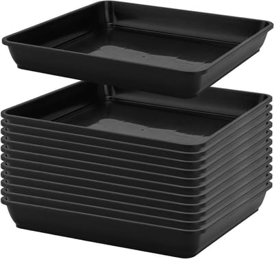 Set van 12 vierkante zwarte plastic onderzetters van 29 cm voor binnen en buiten, ideaal voor tuin en terras
