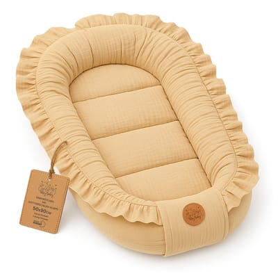 Mousseline Babynestje Bedverkleiner 90x50 cm - Draagbaar Katoen Wieg Pod Co Sleeper Cocoon Ademend Reis Lichtgewicht Moses Uniseks Ideaal voor Jongens Meisjes Beige