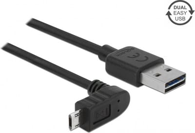 Easy-Micro USB haaks (boven/beneden) naar Easy-USB-A kabel - USB2.0 - tot 2A / zwart - 1 meter