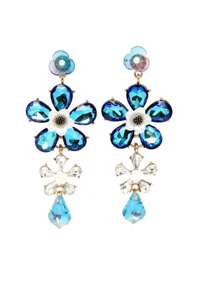 AVANT-GARDE PARIS Blue Flower Drop Earrings - 8.5cm x 3.5cm - 1 stuk - Goudkleurig met blauwe kristallen
