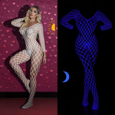 Sexy Glow-in-the-Dark Bodystocking - Wit/Blauw - Sexy Lingerie - One Size S-L (36-40) | LS408