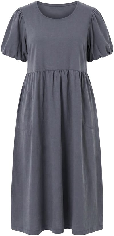 Ulla Popken - Dames - Maxi-jurk A-lijn ronde hals korte ballonmouw zakken - Grafietgrijs - Maat 42+