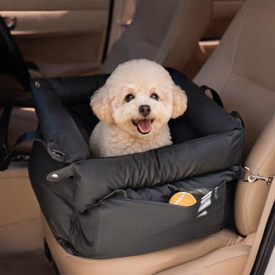 Hondenautostoel voor kleine honden tot 10 kg, zitverhoging, traagschuim hondenbed met opbergvakken en veiligheidslijn, wasbaar en comfortabel
