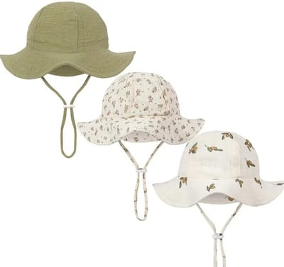 3 stuks Zonnehoedjes - Vakantie Zonnehoed Hydrofiel - Katoen - Bloem - Bloemetjes - Groen | 3 – 18 Maanden | Baby – Kind | UV Werend | Elastiek – Licht Uitrekbaar | Strandhoedje - Zomer Accessoire | Voor op het strand of onderweg! | DH collection