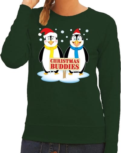 Bellatio Decorations Foute kersttrui - sweater - pinguin vriendjes - groen - voor dames - Kersttruien XS