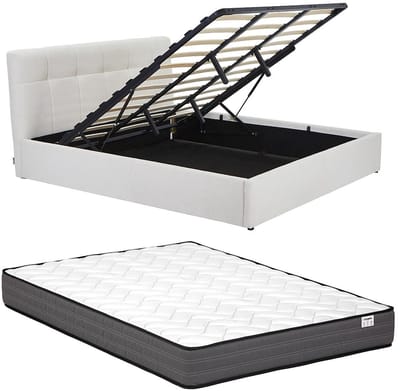 Vente-unique Bed met opbergruimte stof wit 180 x 200 cm (Super King Size Bed)