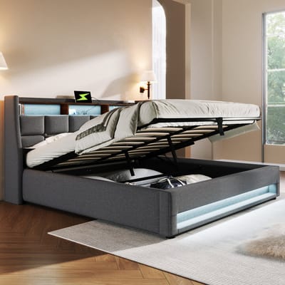 linnen gestoffeerd bed-Opbergruimte-140x200-Grijs-Gestoft bed met USB-LED (Zonder matras)