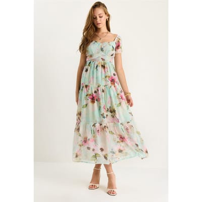 Midi-jurk met hartkraag en bloemenprint