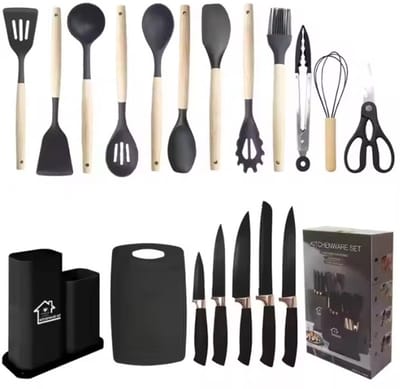 Zwarte Siliconen Keukenset met Spatels – Licht & Flexibel – Ideaal voor Kleine Keukens, Starters of Camping – Inclusief Houder