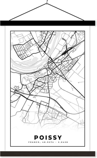 Posterhanger incl. Poster 40x60 cm - Schoolplaat - Plattegrond – Kaart – Frankrijk – Poissy - Stadskaart - Zwart wit - Textielposter - Zwarte latten - Stadskaart
