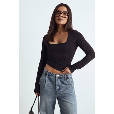 boohoo Dames Top met vierkante hals en lange mouwen | Zwart | Maat: 34