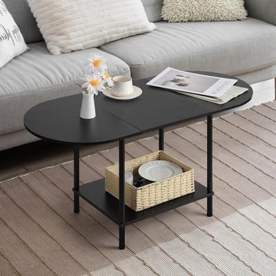 Shinoske Salontafels voor woonkamer, kleine salontafel met 2 niveaus, industriële moderne ovale middentafel met opbergplank en houten tafelblad, voor kleine ruimte, thuiskantoor, zwart