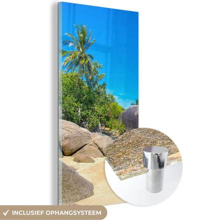 MuchoWow® Glasschilderij 20x40 cm - Schilderij acrylglas - Strand - Tropisch - Zee - Planten - Foto op glas - Schilderijen