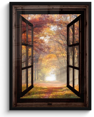 Poster in lijst - Fotolijst 50x70 cm - Posters - Herfst - Bos - Bomen - Natuur - Doorkijk - Posterlijst zwart - Decoratie - Wanddecoratie woonkamer - Muurdecoratie slaapkamer