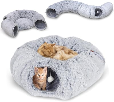 KZQ Kattentunnel Pluche, Speeltunnel voor Katten met Slaapgedeelte, Donut Kattenbed, Interactief Kattenspeelgoed voor Binnen, Kattenhuis, Geschikt voor Grote Katten, Grijs (85 x 26 cm)
