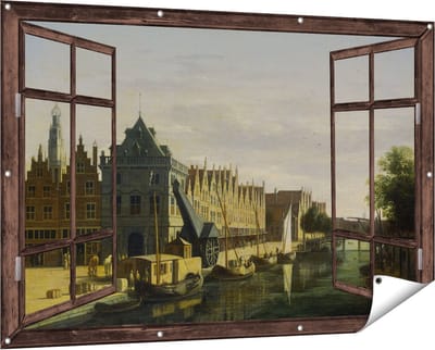 Gards Tuinposter Doorkijk De Waag en de Kraan aan het Spaarne te Haarlem - Gerrit Adriaensz Berckheyde - 150x100 cm - Tuindoek - Tuindecoratie - Wanddecoratie buiten - Tuinschilderij
