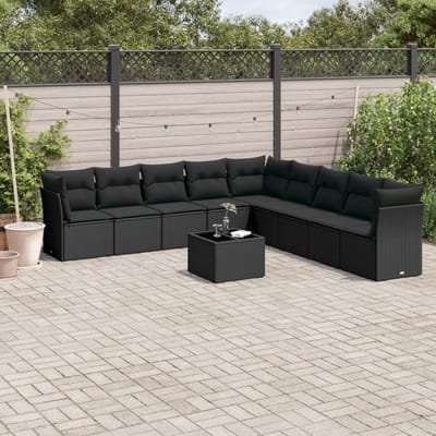 vidaXL - 10-delige - Loungeset - met - kussens - poly - rattan - zwart