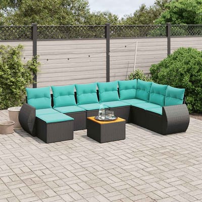 vidaXL - 9-delige - tuinbankset - met - kussens - van - zwart - polyrotan