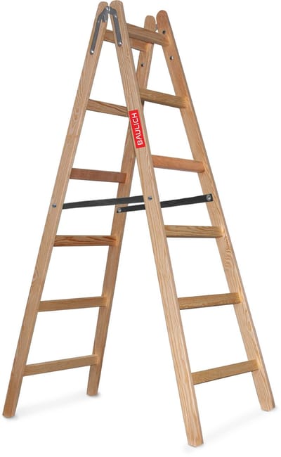 Baulich Dubbelzijdige houten ladder met 6 treden - draagvermogen 150 kg, werkhoogte 330 cm, robuust, weerbestendig