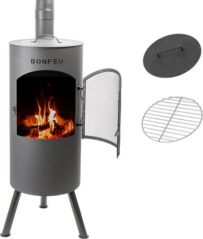 BonFeu BonTino Lp Zwart Tuinhaard Staal - Houtkachel met Grill - Buitenkoken - Tuinkachel voor Sfeervolle Avonden - 35x35x164 cm