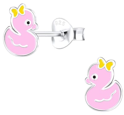 Joy|S - Zilveren eend oorbellen - roze met geel strikje - 6 x 7 mm - kinderoorbellen eendje