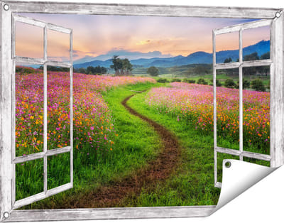 Gards Tuinposter Doorkijk Kosmos Bloemenveld met een Pad - Bloemen - 90x60 cm - Tuindoek - Tuindecoratie - Wanddecoratie buiten - Tuinschilderij