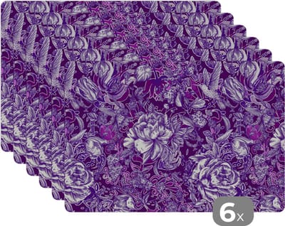 Placemat - Placemats kunststof - Kolibrie - Rozen - Paars - 45x30 cm - 6 stuks - Hittebestendig - Anti-Slip - Onderlegger - Afneembaar