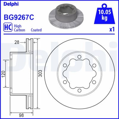Remschijf DELPHI BG9267C achter, geventileerd, volledig, sterk gecarboniseerd, 1 Stuk