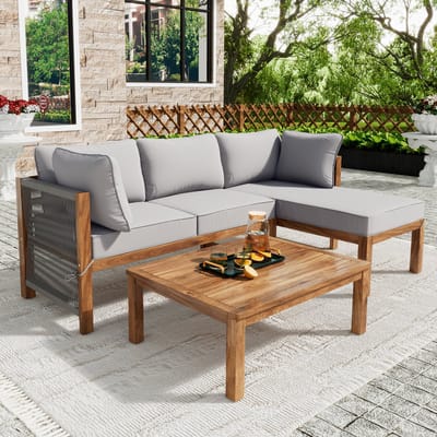 Sweiko Tuinlounge stoel set (set van drie), acaciahouten frame, grijze touw armleuningen, L-vormige tuinmeubelset, lichtgrijs zitkussen en kussens, met verstelbare poten, 2 love seats en 1 tafel