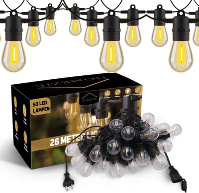 Homezie Lichtsnoer | 26 meter met 50 Kunststof S14 LED lampen | IP65 Waterdicht | Warm wit | Koppelbaar & Dimbaar | Tuinverlichting