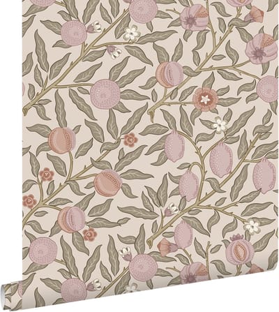 ESTAhome behang exotisch fruit en bladeren lichtpaars en vergrijsd groen - 50 x 900 cm - 131170