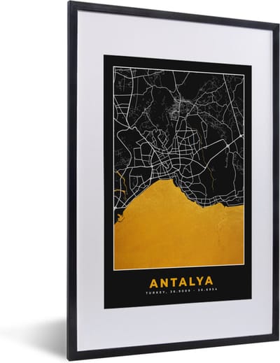 Fotolijst incl. Poster - Antalya - Stadskaart - Plattegrond - Goud - Kaart - 40x60 cm - Posterlijst