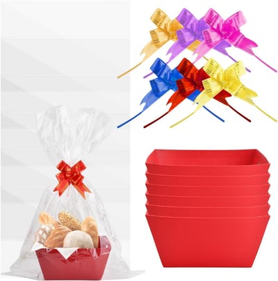 Geschenkmanden Set van 6 - Lege Mand met Zakjes en Strikken - Rechthoekige Papieren Geschenkmanden voor Dames en Heren